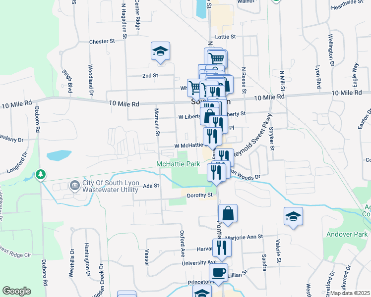 map of restaurants, bars, coffee shops, grocery stores, and more near 223 West McHattie Street in South Lyon