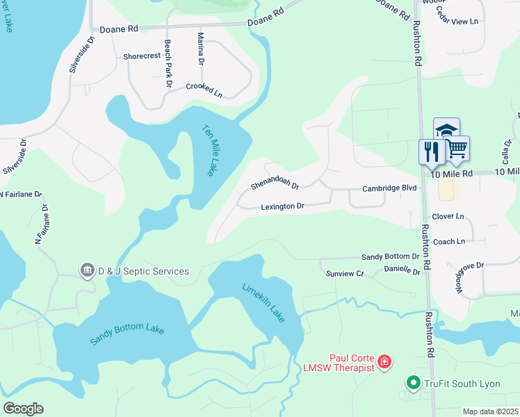 map of restaurants, bars, coffee shops, grocery stores, and more near 11873 Lexington Drive in South Lyon