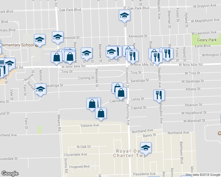map of restaurants, bars, coffee shops, grocery stores, and more near 10200 Albany Street in Oak Park
