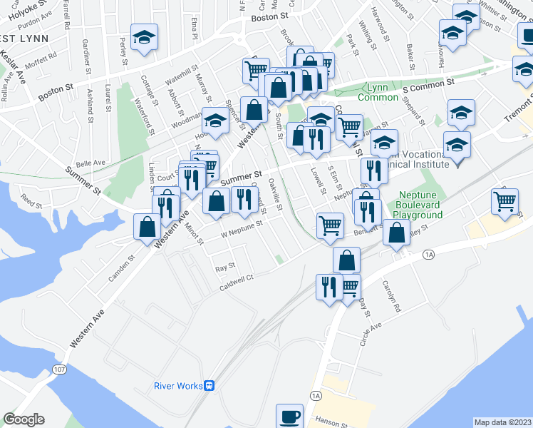 map of restaurants, bars, coffee shops, grocery stores, and more near 54 Orchard Street in Lynn