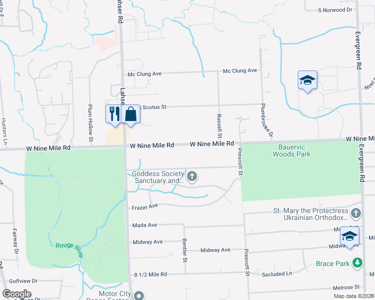 map of restaurants, bars, coffee shops, grocery stores, and more near 21439 West Nine Mile Road in Southfield