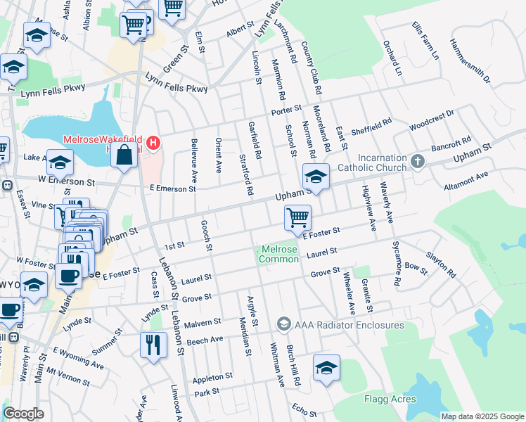 map of restaurants, bars, coffee shops, grocery stores, and more near 203 Upham Street in Melrose