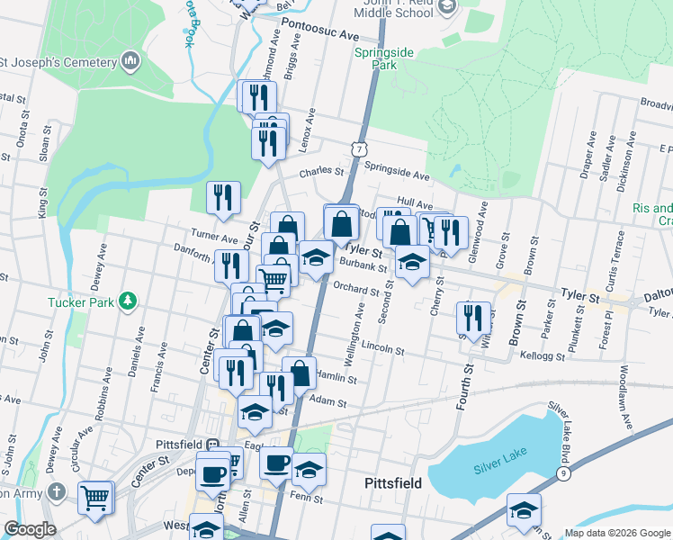 map of restaurants, bars, coffee shops, grocery stores, and more near 53 Orchard Street in Pittsfield