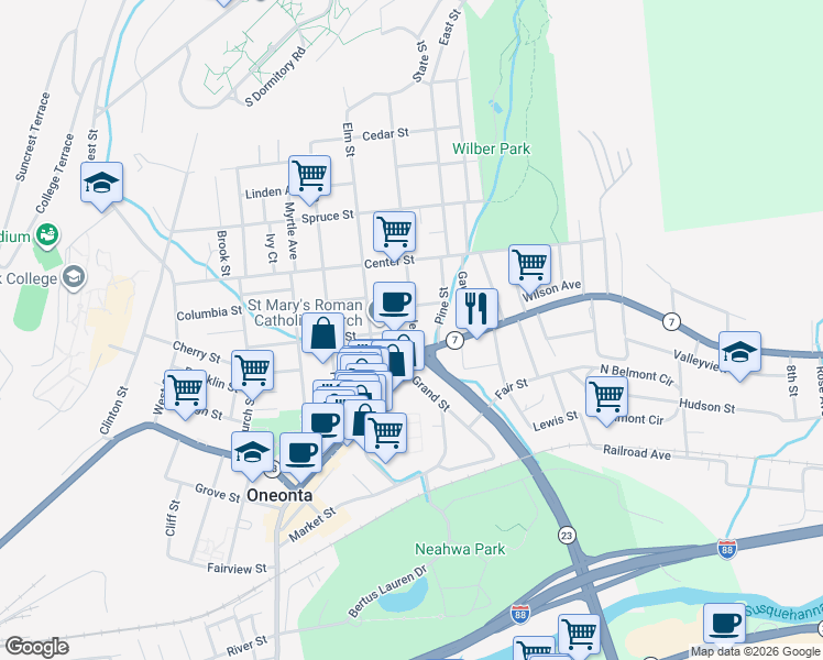 map of restaurants, bars, coffee shops, grocery stores, and more near 6 Maple St in Oneonta