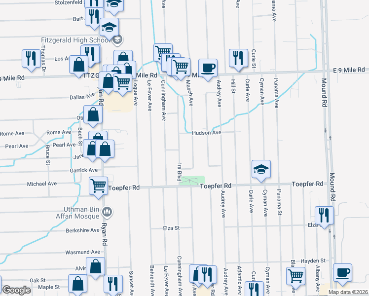 map of restaurants, bars, coffee shops, grocery stores, and more near 22101 Masch Avenue in Warren