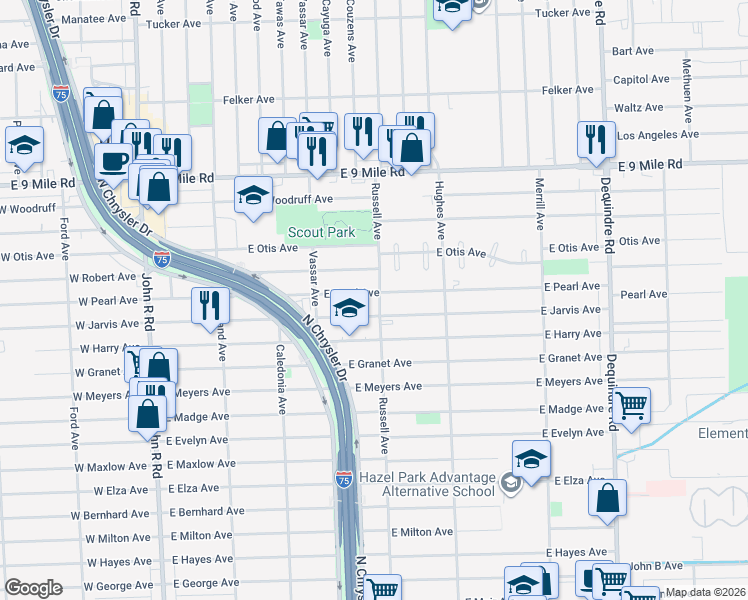 map of restaurants, bars, coffee shops, grocery stores, and more near 1040 East Pearl Avenue in Hazel Park