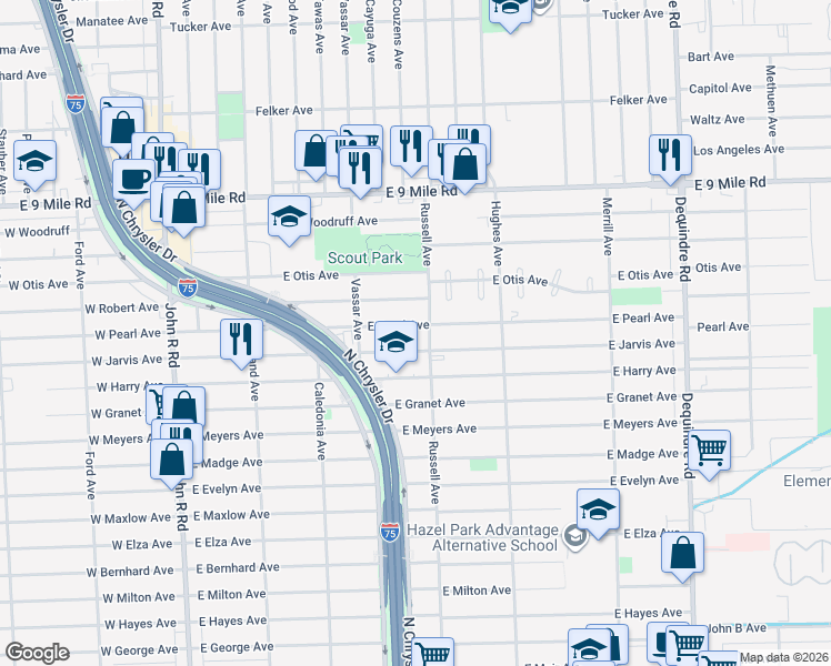 map of restaurants, bars, coffee shops, grocery stores, and more near 1040 East Pearl Avenue in Hazel Park