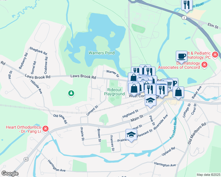 map of restaurants, bars, coffee shops, grocery stores, and more near 38 Maple Street in Concord