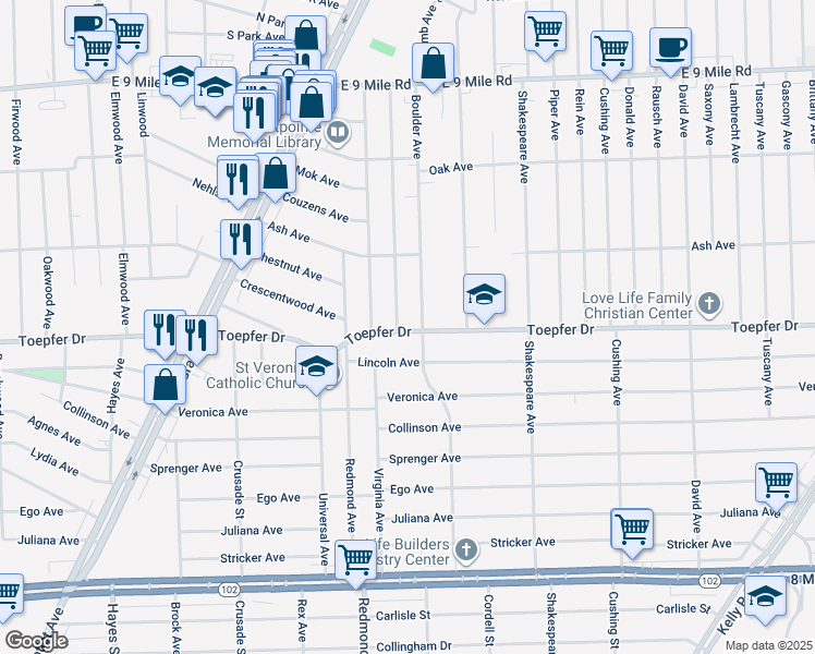 map of restaurants, bars, coffee shops, grocery stores, and more near 21706 Nevada Avenue in Eastpointe