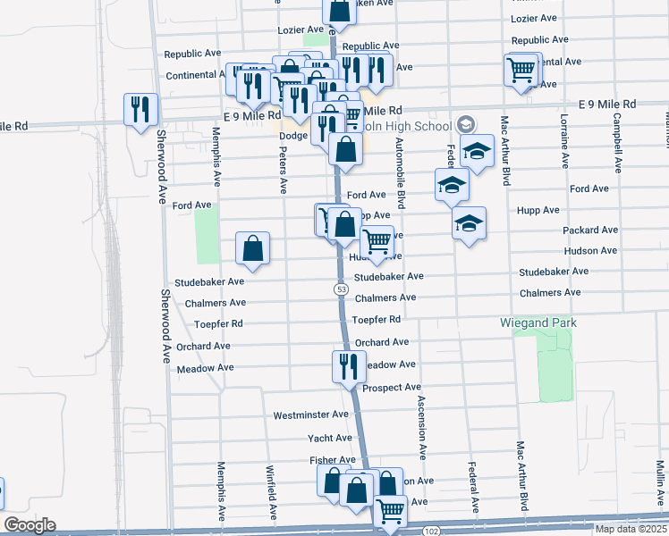 map of restaurants, bars, coffee shops, grocery stores, and more near 22031 Van Dyke Avenue in Warren