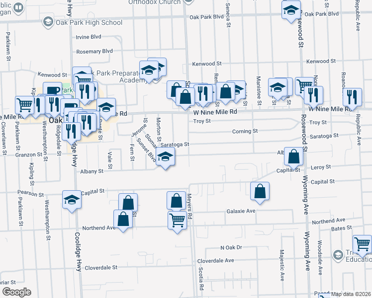 map of restaurants, bars, coffee shops, grocery stores, and more near 10850 Albany Street in Oak Park