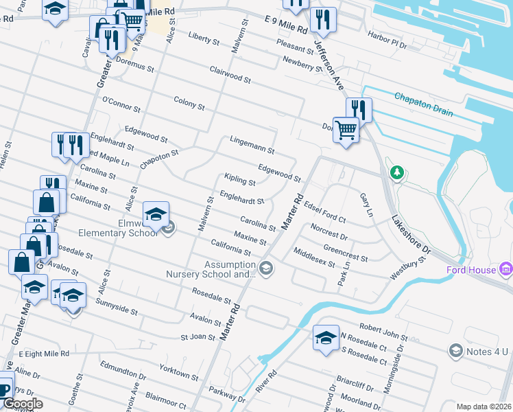 map of restaurants, bars, coffee shops, grocery stores, and more near 22966 Englehardt Street in St. Clair Shores