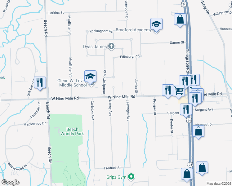 map of restaurants, bars, coffee shops, grocery stores, and more near 23004 Kristy Lane in Southfield