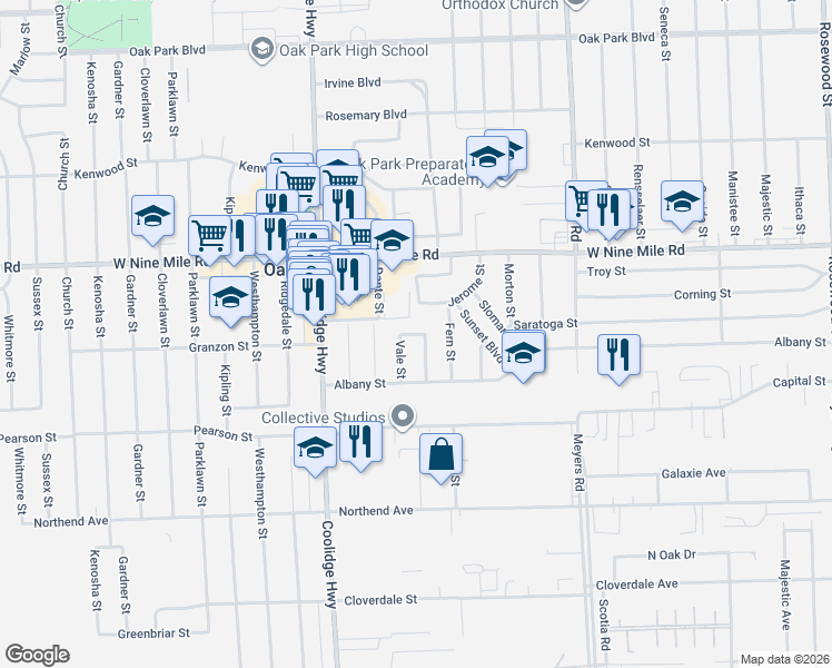 map of restaurants, bars, coffee shops, grocery stores, and more near 22011 Eastwood Street in Oak Park