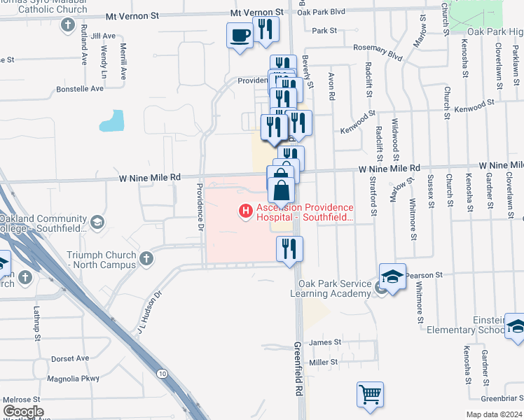 map of restaurants, bars, coffee shops, grocery stores, and more near 22401 Foster Winter Drive in Southfield