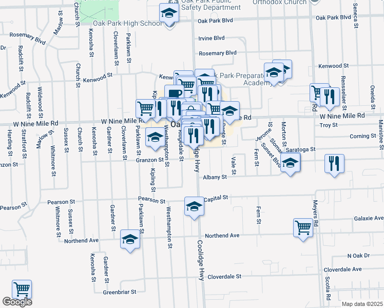 map of restaurants, bars, coffee shops, grocery stores, and more near 22001 Coolidge Highway in Oak Park