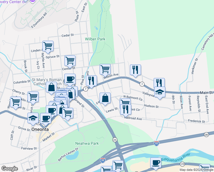 map of restaurants, bars, coffee shops, grocery stores, and more near 4 3rd Street in Oneonta