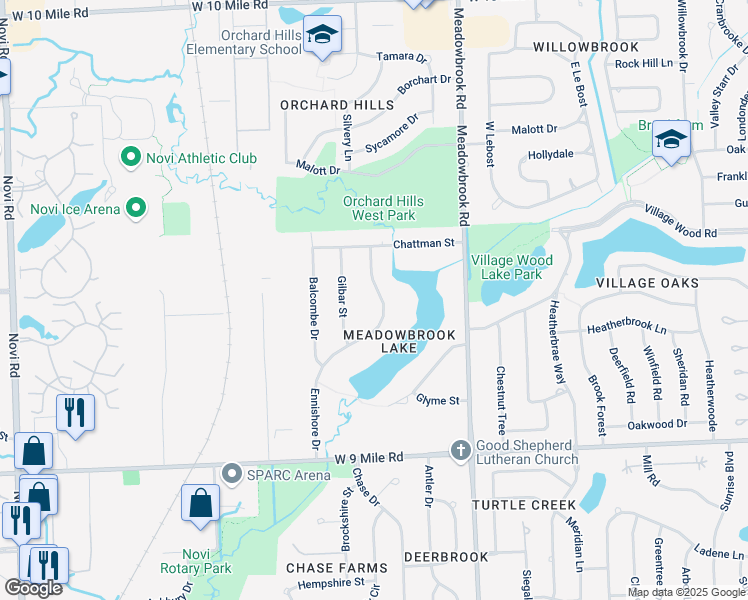 map of restaurants, bars, coffee shops, grocery stores, and more near 23217 Ennishore Drive in Novi