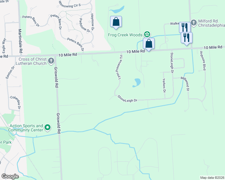 map of restaurants, bars, coffee shops, grocery stores, and more near 23841 Lyon Preserve Trail in South Lyon