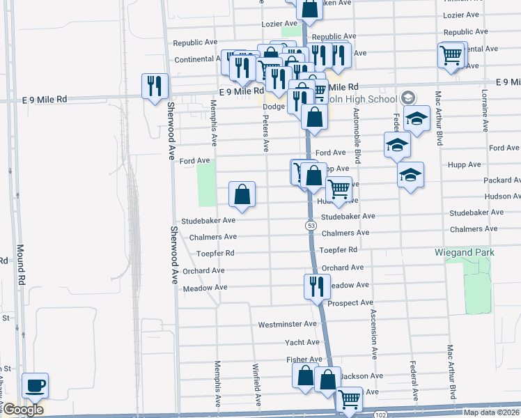 map of restaurants, bars, coffee shops, grocery stores, and more near 7268 Hudson Avenue in Warren