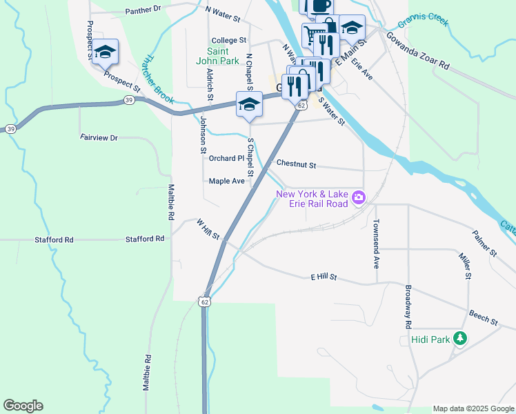 map of restaurants, bars, coffee shops, grocery stores, and more near 218 Jamestown Street in Gowanda