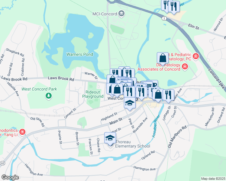 map of restaurants, bars, coffee shops, grocery stores, and more near 135 Commonwealth Avenue in Concord