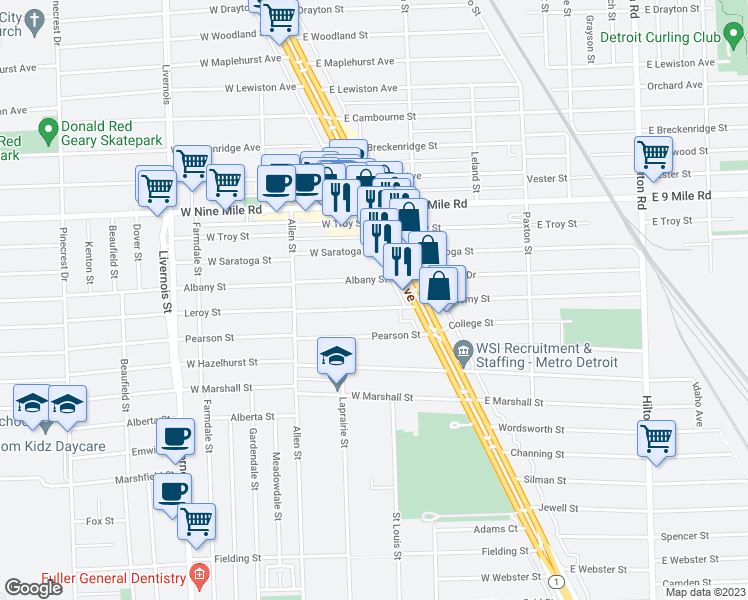 map of restaurants, bars, coffee shops, grocery stores, and more near 224 Leroy St in Ferndale