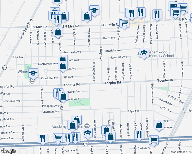 map of restaurants, bars, coffee shops, grocery stores, and more near 21740 Wellington Avenue in Warren