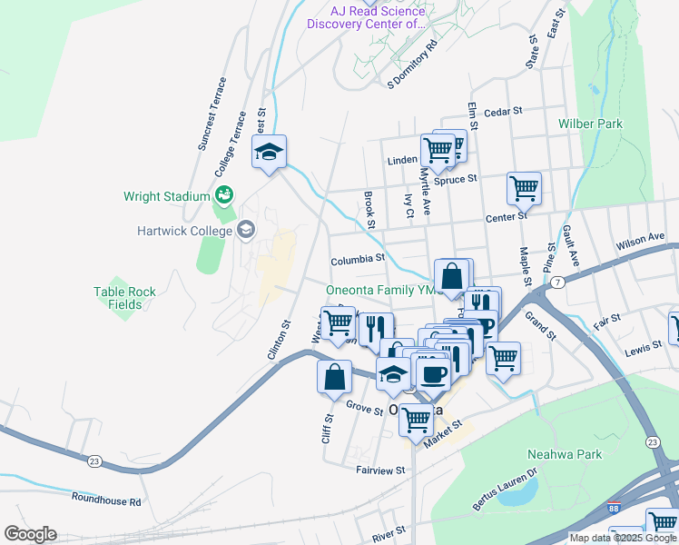 map of restaurants, bars, coffee shops, grocery stores, and more near 34 West Street in Oneonta
