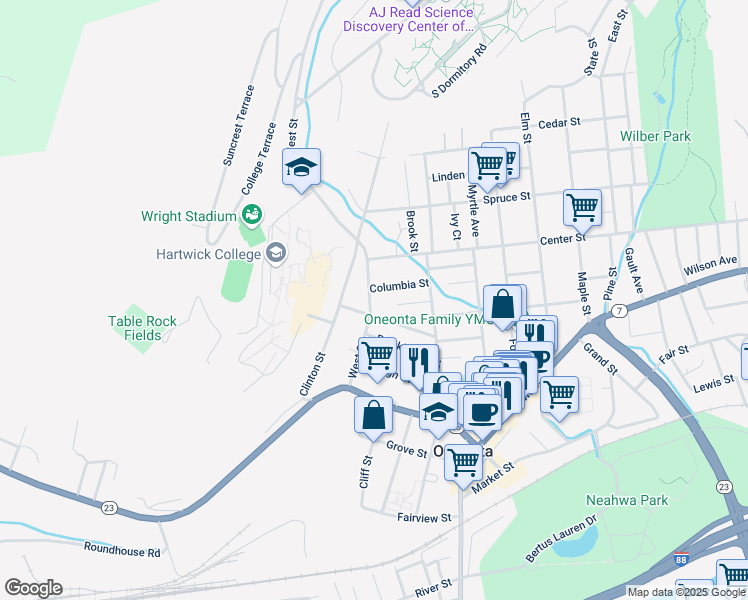 map of restaurants, bars, coffee shops, grocery stores, and more near 34 West Street in Oneonta