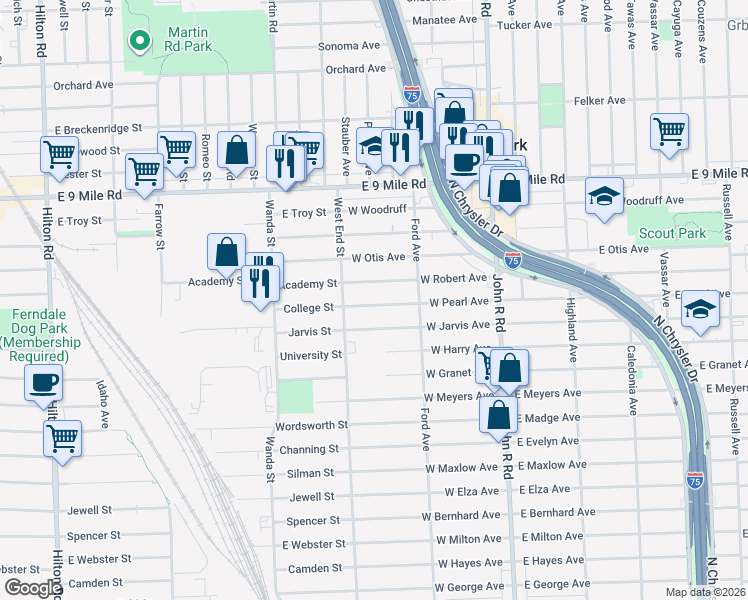 map of restaurants, bars, coffee shops, grocery stores, and more near 396 West Pearl Avenue in Hazel Park