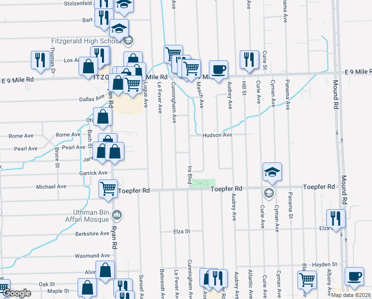 map of restaurants, bars, coffee shops, grocery stores, and more near 22115 Ira Boulevard in Warren