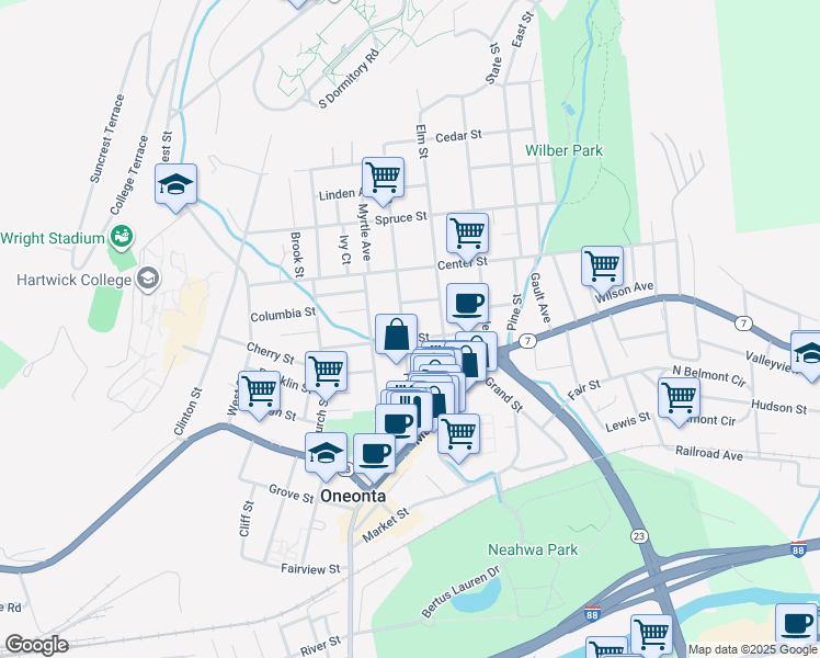 map of restaurants, bars, coffee shops, grocery stores, and more near 27 Walnut Street in Oneonta