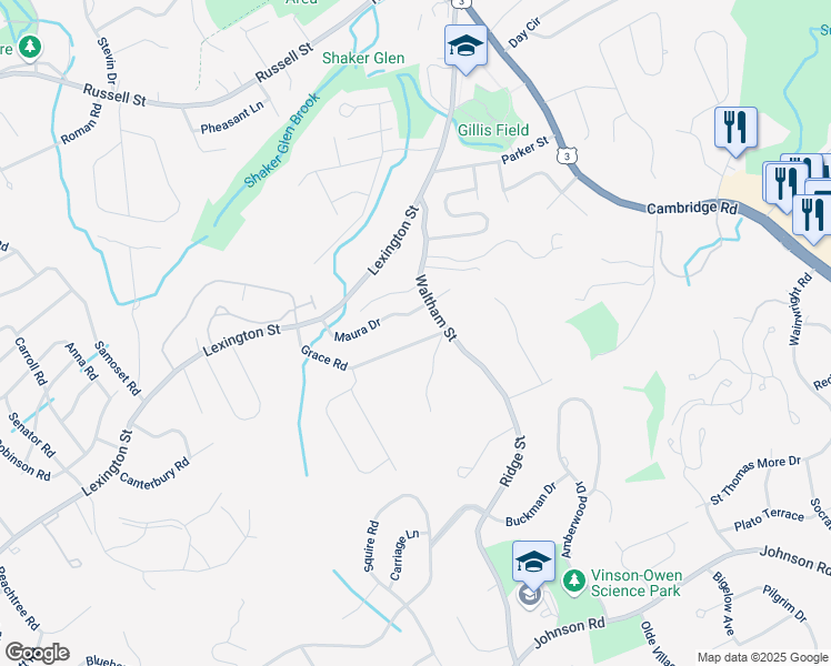 map of restaurants, bars, coffee shops, grocery stores, and more near 26 Grace Road in Woburn