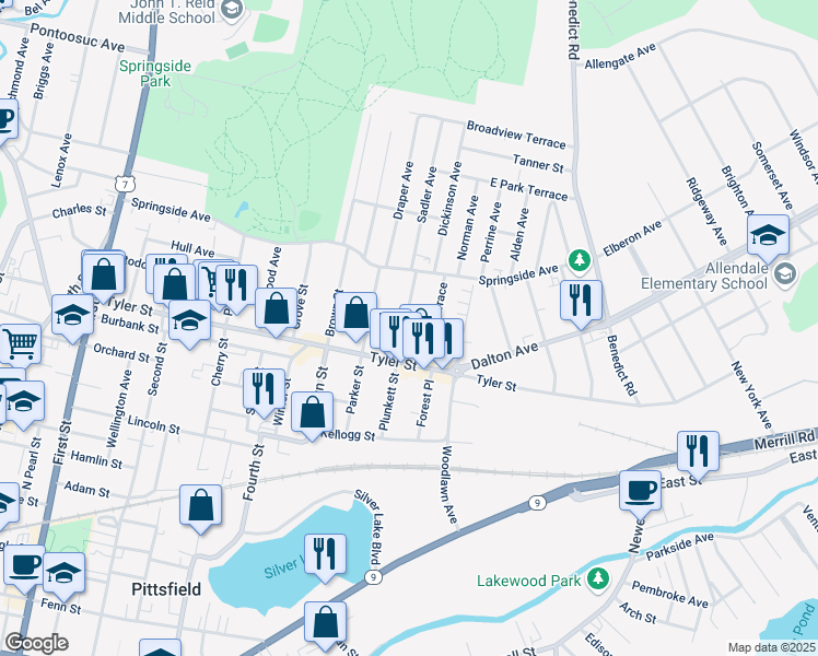 map of restaurants, bars, coffee shops, grocery stores, and more near 92 Plunkett Street in Pittsfield