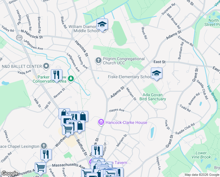 map of restaurants, bars, coffee shops, grocery stores, and more near 59 Hancock Street in Lexington