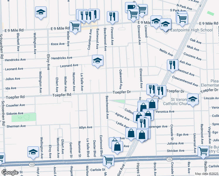 map of restaurants, bars, coffee shops, grocery stores, and more near 21709 Beechwood Avenue in Eastpointe