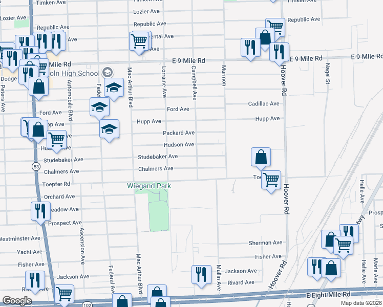 map of restaurants, bars, coffee shops, grocery stores, and more near 11123 Studebaker Avenue in Warren