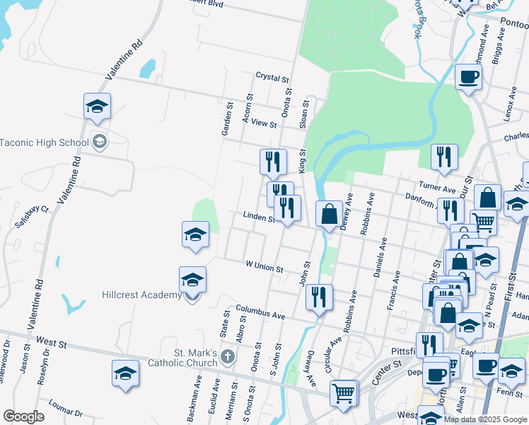 map of restaurants, bars, coffee shops, grocery stores, and more near 268 Linden Street in Pittsfield