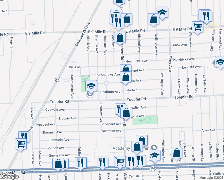 map of restaurants, bars, coffee shops, grocery stores, and more near 13453 Charlotte Avenue in Warren
