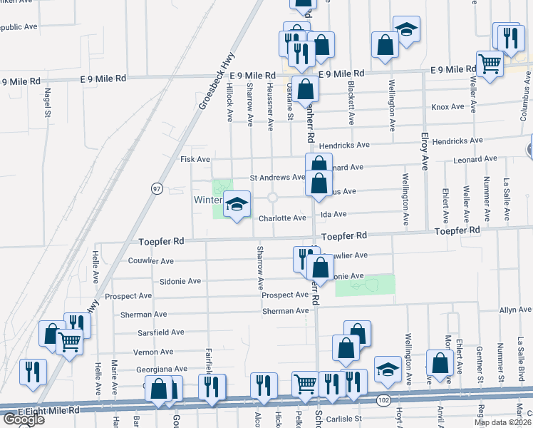 map of restaurants, bars, coffee shops, grocery stores, and more near 13335 Charlotte Avenue in Warren