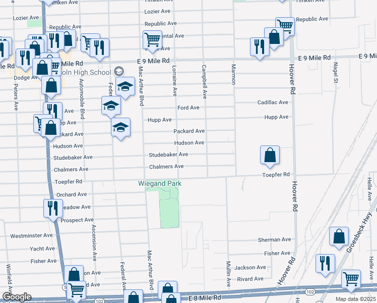 map of restaurants, bars, coffee shops, grocery stores, and more near 11039 Studebaker Avenue in Warren