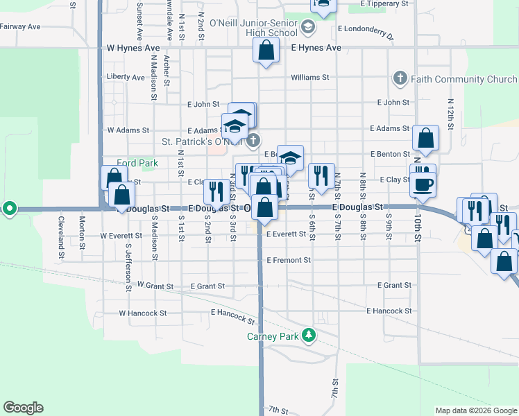 map of restaurants, bars, coffee shops, grocery stores, and more near in O'Neill