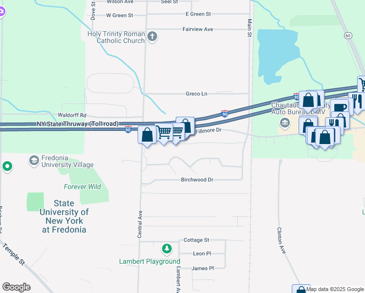 map of restaurants, bars, coffee shops, grocery stores, and more near 1170 Central Avenue in Dunkirk