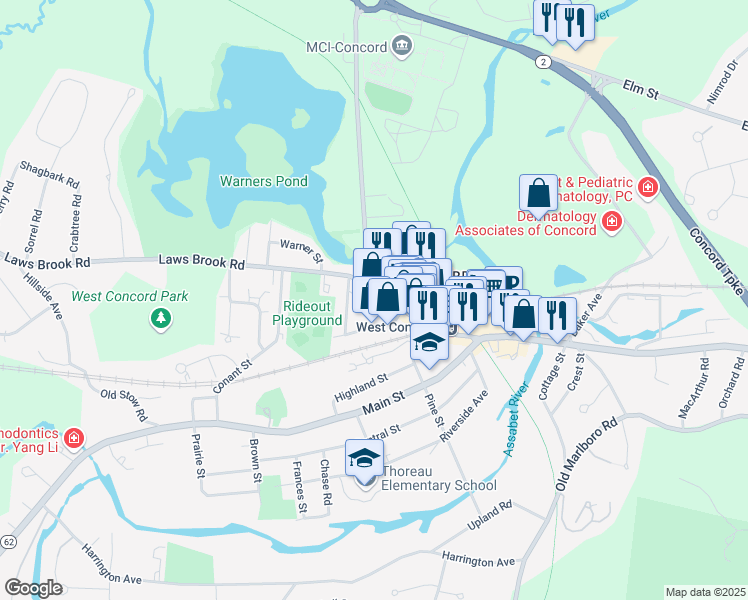 map of restaurants, bars, coffee shops, grocery stores, and more near 135 Commonwealth Avenue in Concord