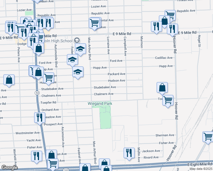 map of restaurants, bars, coffee shops, grocery stores, and more near 8719 Studebaker Avenue in Warren