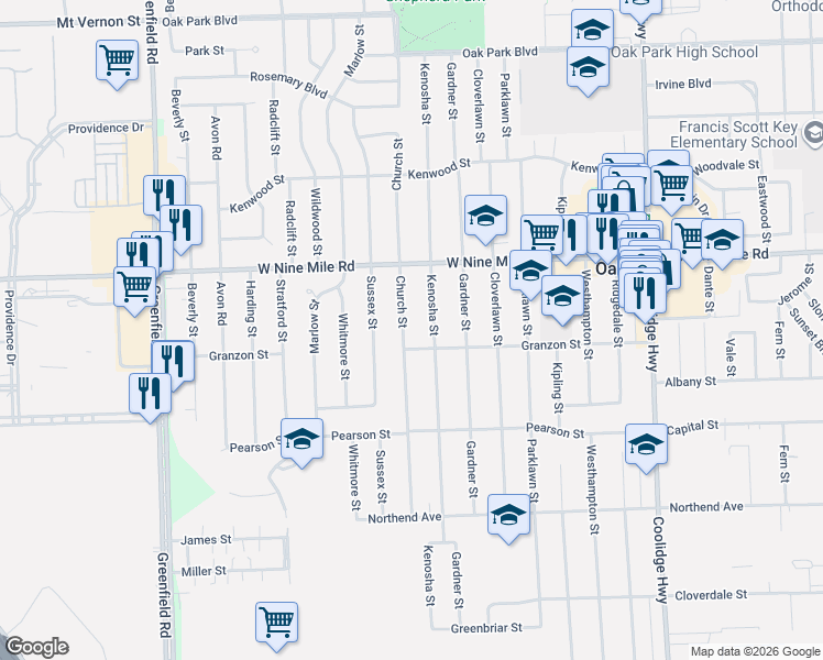 map of restaurants, bars, coffee shops, grocery stores, and more near 22020 Church Street in Oak Park