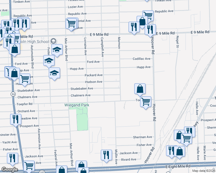 map of restaurants, bars, coffee shops, grocery stores, and more near 11123 Studebaker Avenue in Warren