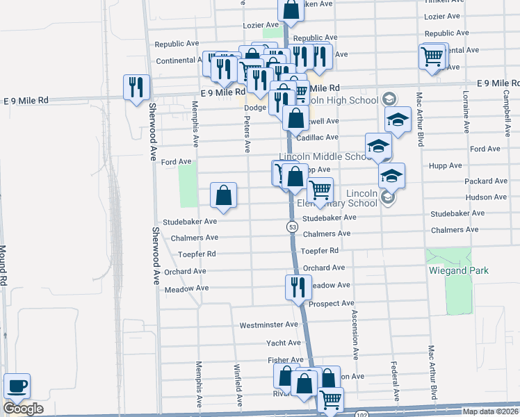 map of restaurants, bars, coffee shops, grocery stores, and more near 7543 Studebaker Avenue in Warren