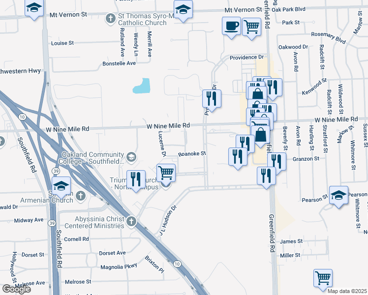 map of restaurants, bars, coffee shops, grocery stores, and more near 22512 Saratoga Street in Southfield
